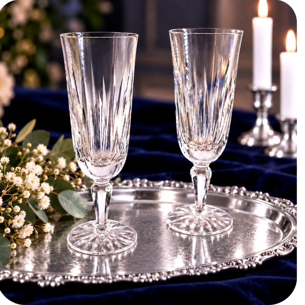 Denby Reflections Hand Cut 24% Lead Crystal Champagne Flutes Pair Made inHungary